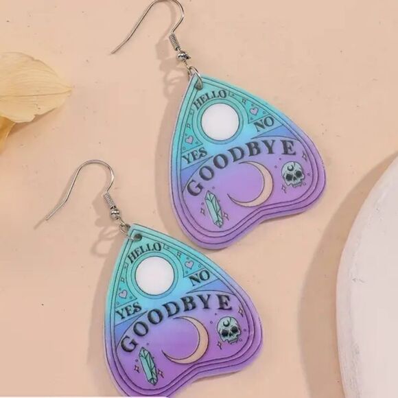New Fun Dangle Ouija Planchet Halloween Earrings Blue and Lavender - Picture 4 of 4